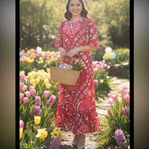 Rhode dress Red Zinnia Floral Print Bell Sleeve Keyhole Back Midi summer spring